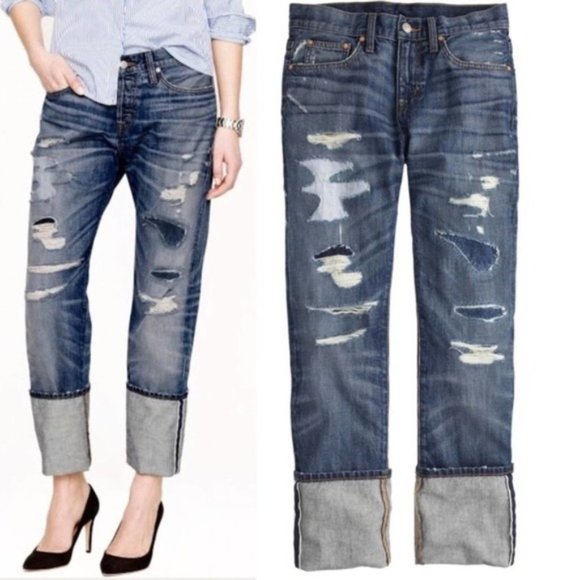 J. Crew Denim - J Crew Point Sur Slim Stacker Selvedge Jeans Distressed Patchwork Ripped Size 29